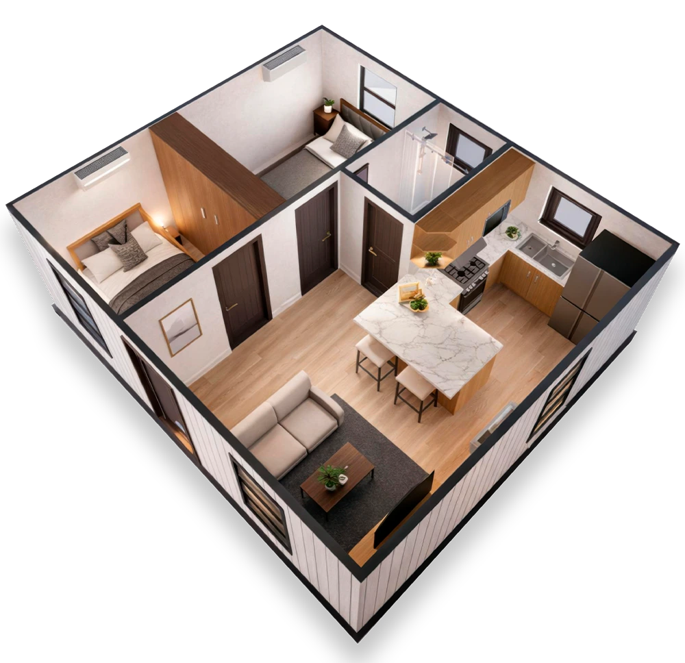 BoxHouse Bungalow 2BR 2026 two-bedroom modular home exterior render