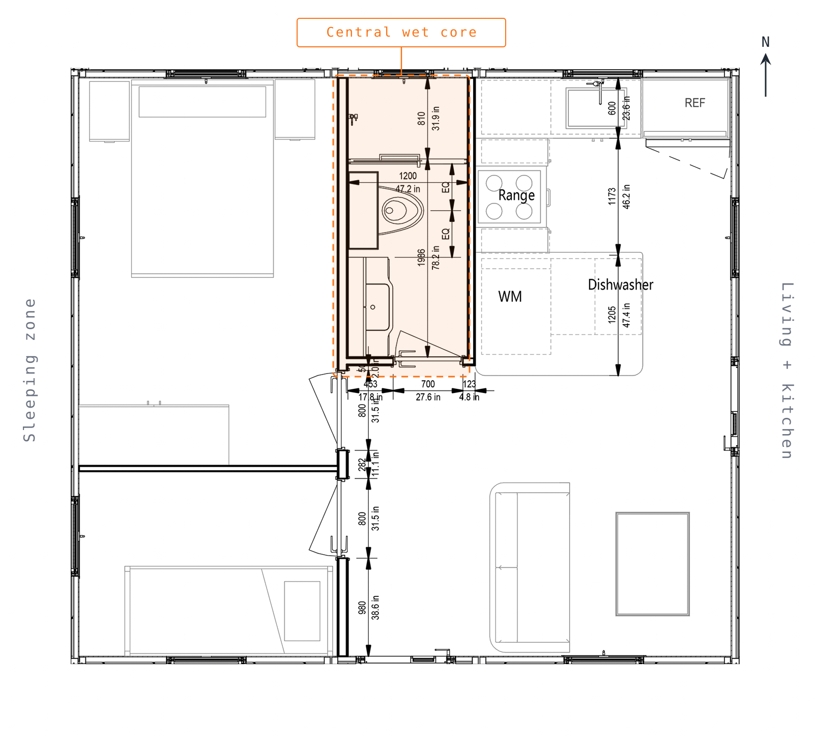 BoxHouse Bungalow 2BR architectural floor plan blueprint